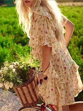 Spell Mini Dress Fleur Flutter Sleeve - Macaroon